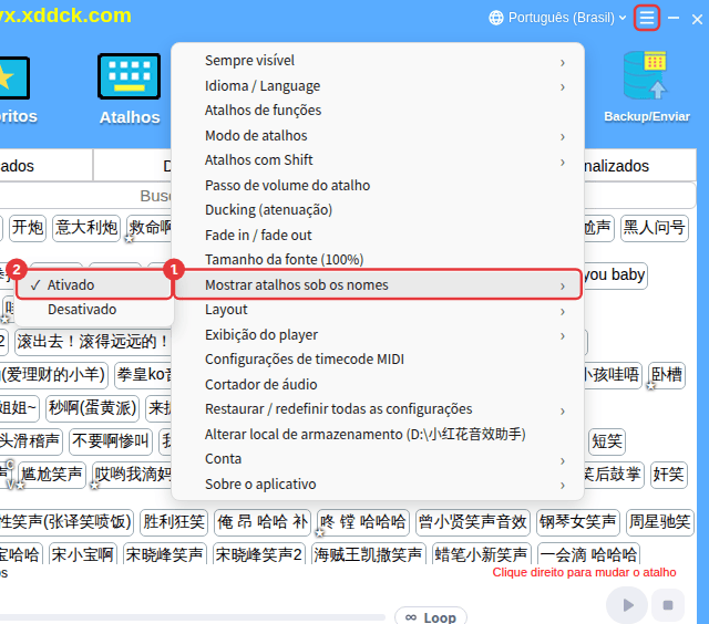 Mais configurações → Mostrar atalhos sob os nomes
