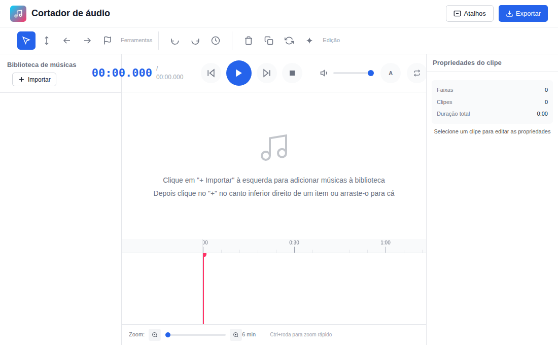 O cortador de áudio antes de adicionar música