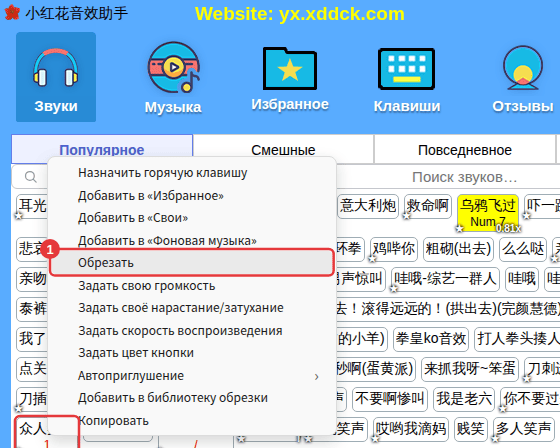 Правый щелчок по звуку → «Обрезать»