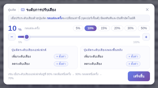 ตัวอย่าง: เมื่อระดับเสียงเอฟเฟกต์เป็น 80% กดเพิ่มหนึ่งครั้งได้ 90% กดลดหนึ่งครั้งได้ 70%