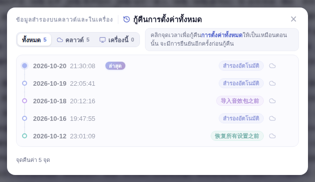 หน้าต่าง “กู้คืนการตั้งค่าทั้งหมด”: เลือกจุดกู้คืน
