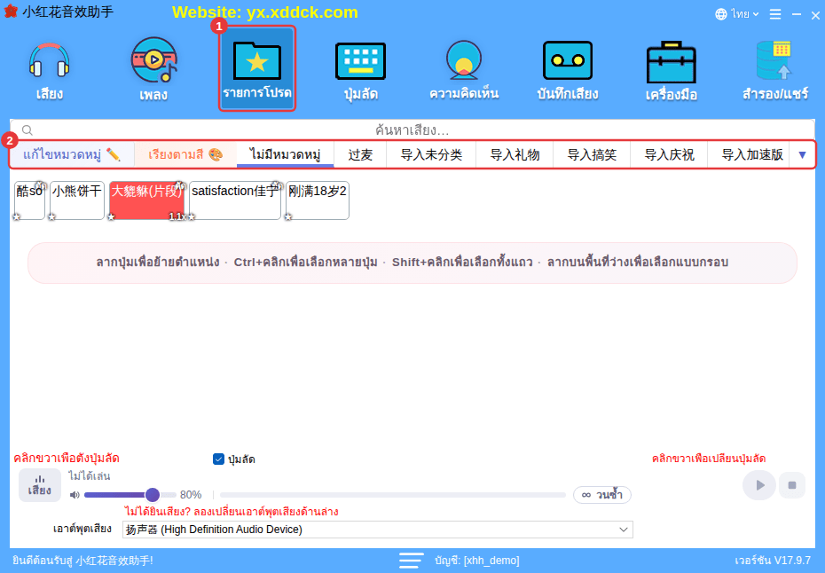① “รายการโปรด” ② หมวดหมู่รายการโปรด