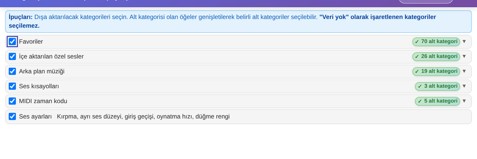 Yedek / ses paketi dışa aktar