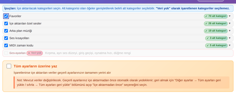 Ses paketi içe aktarma: kategorileri ve tüm ayarların üzerine yazılıp yazılmayacağını seçin