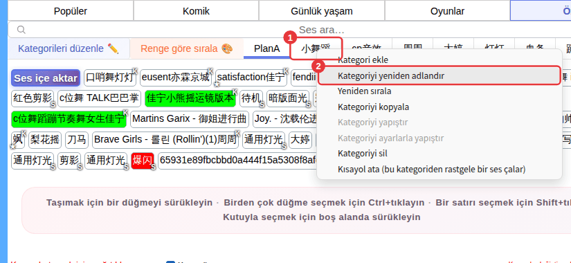 ① Bir alt kategori sekmesi ② onun sağ tık menüsü
