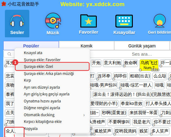 Yerleşik bir sese sağ tıklayın → Şuraya ekle: Özel