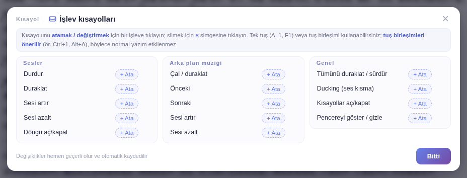 İşlev kısayolları penceresi
