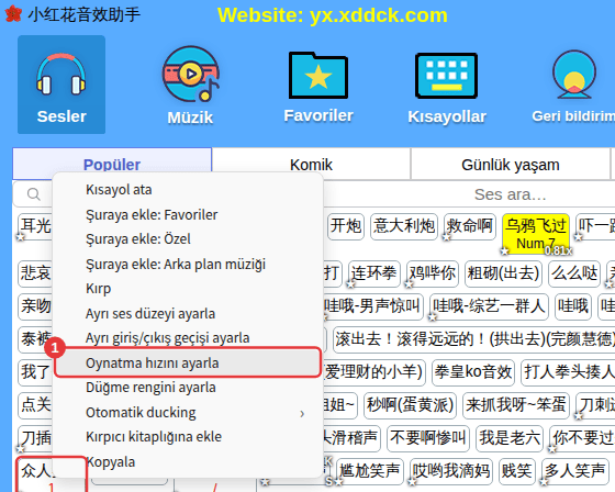 Bir sese sağ tıklayın → Oynatma hızını ayarla
