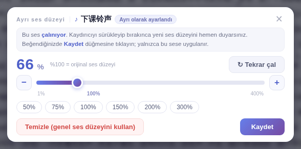 Ayrı ses düzeyi penceresi: %100 özgün ses düzeyidir