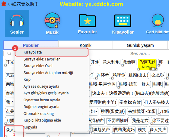 Bir sese sağ tıklayın → Kısayol ata