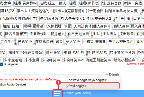Pencerenin altındaki ≡ de hesap menüsünü açar