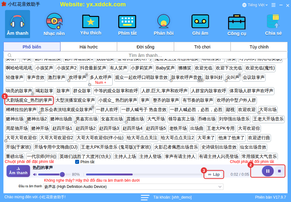① Nhấp âm thanh để phát ② tạm dừng/dừng ③ công tắc lặp