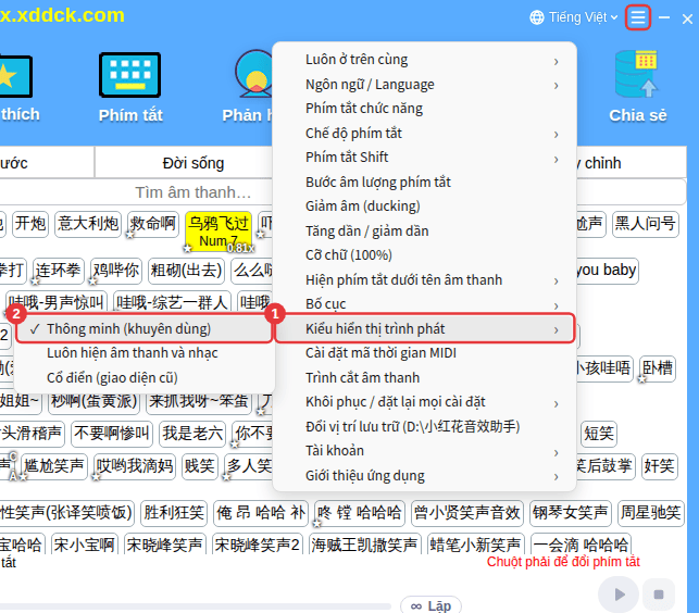 Cài đặt khác → Kiểu hiển thị trình phát