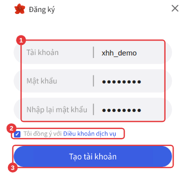 Cửa sổ đăng ký: ① điền tài khoản và mật khẩu ② đánh dấu đồng ý ③ nhấp Tạo tài khoản