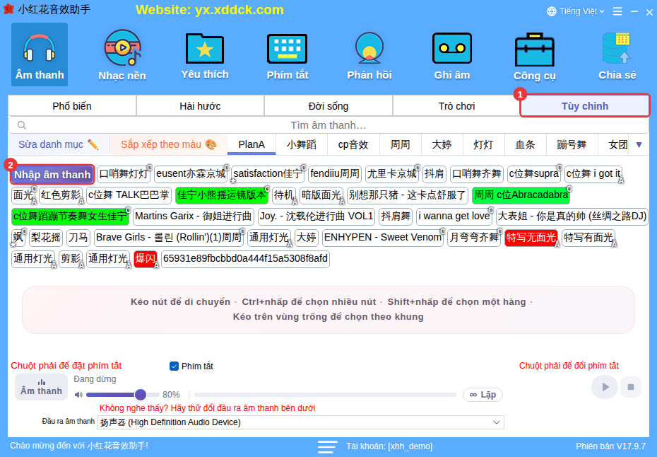 ① Tùy chỉnh ② Nhập âm thanh