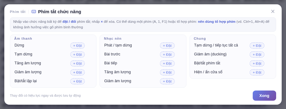 Cửa sổ Phím tắt chức năng