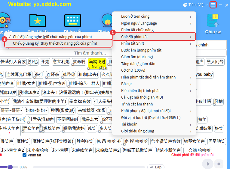 ≡ ở góc trên bên phải → Chế độ phím tắt