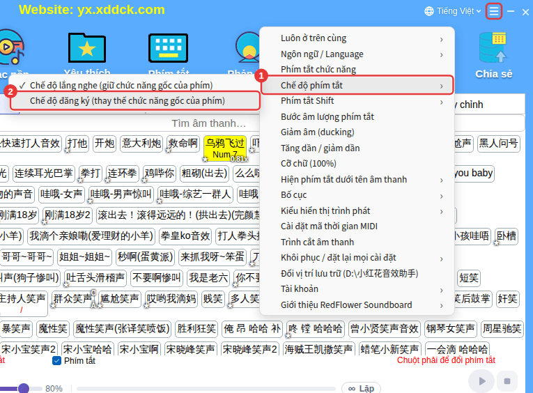 ≡ ở góc trên bên phải → Chế độ phím tắt