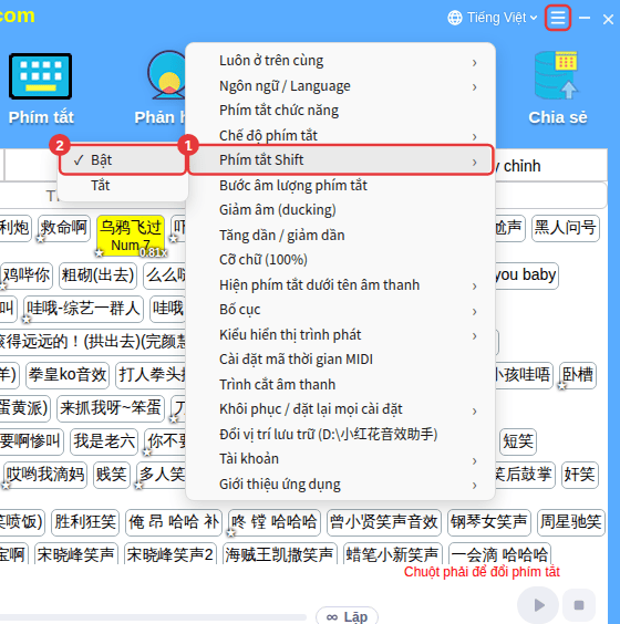 ≡ ở góc trên bên phải → Phím tắt Shift