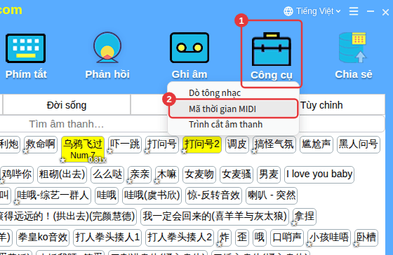 Công cụ trên thanh công cụ → Mã thời gian MIDI