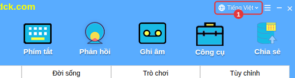 Menu ngôn ngữ trên thanh tiêu đề