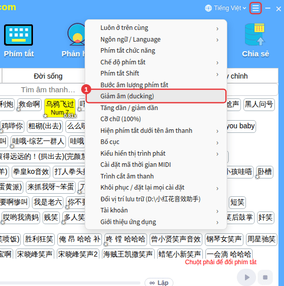 ≡ ở góc trên bên phải → Giảm âm (ducking)