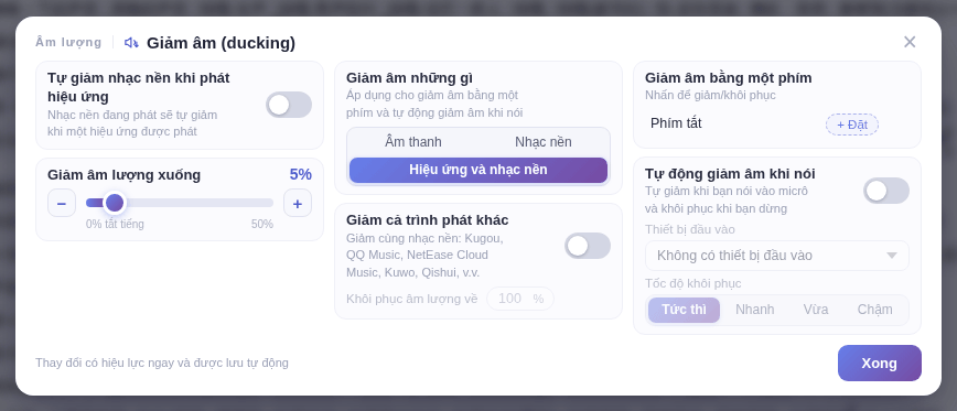 Cửa sổ Giảm âm (ducking): Khôi phục âm lượng về nằm ngay dưới Giảm cả trình phát khác