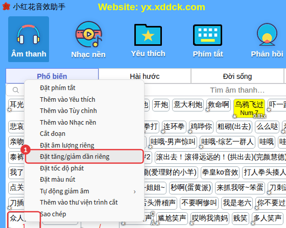 Nhấp chuột phải vào âm thanh → Đặt tăng/giảm dần riêng