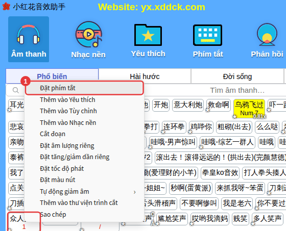Nhấp chuột phải vào âm thanh → Đặt phím tắt