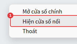 Menu chuột phải của biểu tượng dưới khay