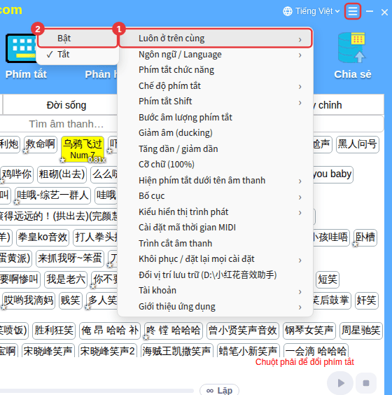 ≡ ở góc trên bên phải → Luôn ở trên cùng → Bật