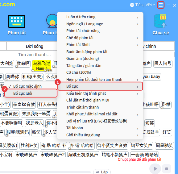Cài đặt khác → Bố cục → Bố cục lưới