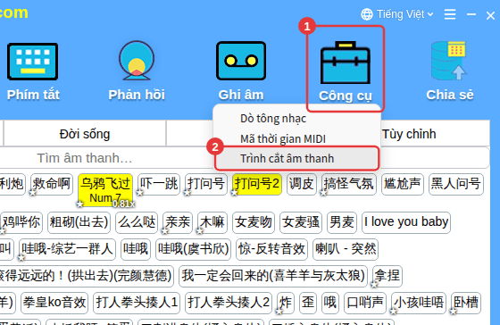 Công cụ trên thanh công cụ → Trình cắt âm thanh