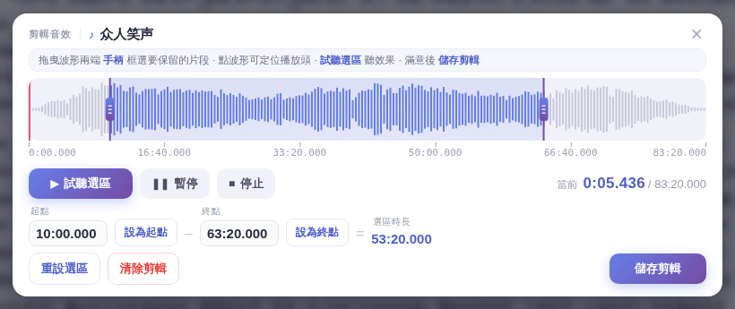 「剪輯音效」視窗：拖曳波形兩端的手柄選取片段，試聽後「儲存剪輯」
