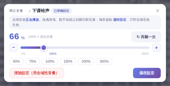「獨立音量」視窗：100% 是原始音量